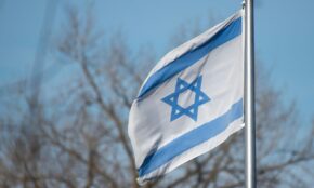 The Israeli flag featuring the Star of David against a clear blue sky and trees.