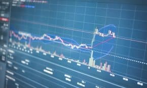 Close-up of a financial graph on a screen showing stock market trading data and trends.