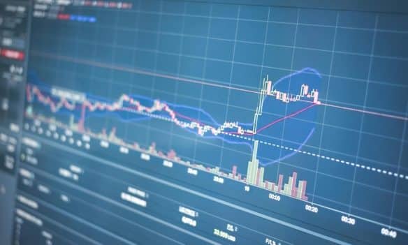 Close-up of a financial graph on a screen showing stock market trading data and trends.
