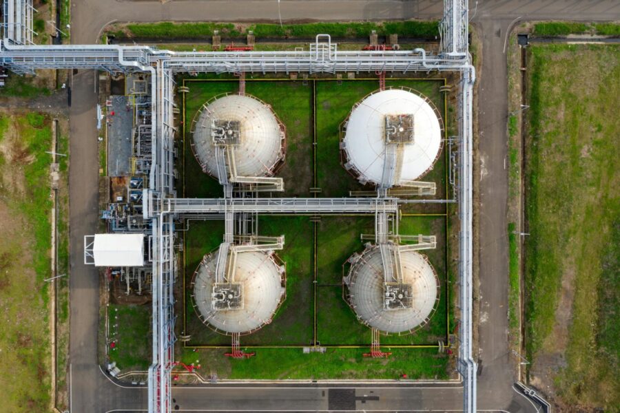 Aerial view of large industrial storage tanks in Banten, Indonesia, showcasing infrastructure and industry.