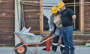 Two construction workers with hard hats assist an injured team member, highlighting workplace safety.