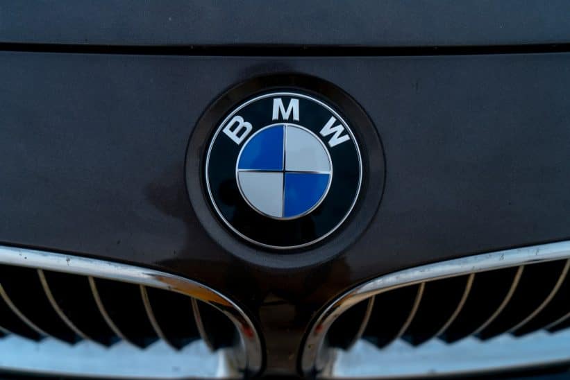 a close up of a bmw emblem on the front of a car