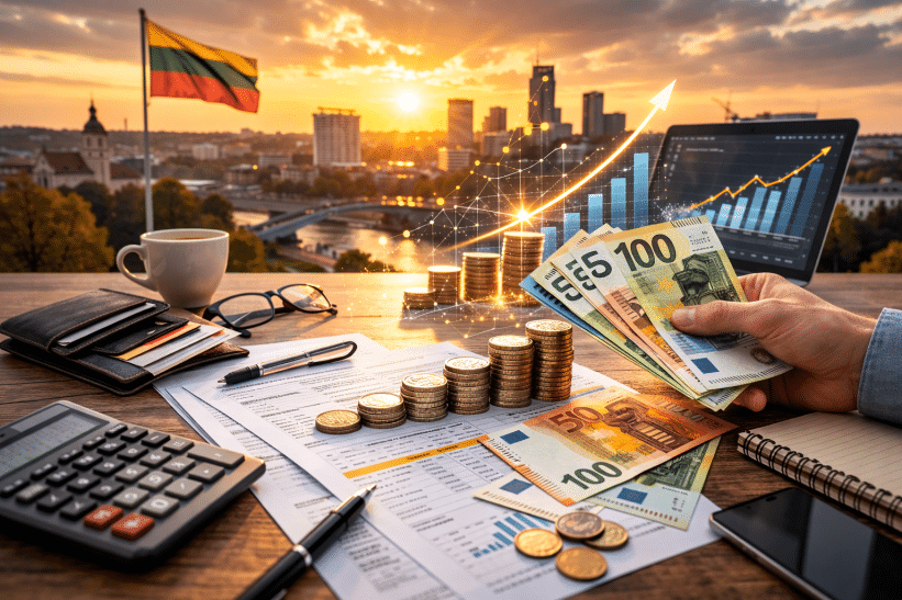 Atlyginimai Lietuvoje. DI generuota nuotr.