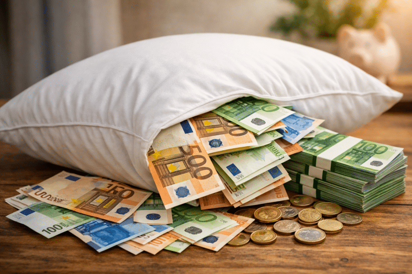 Finansinė pagalvė. DI generuota nuotrauka.