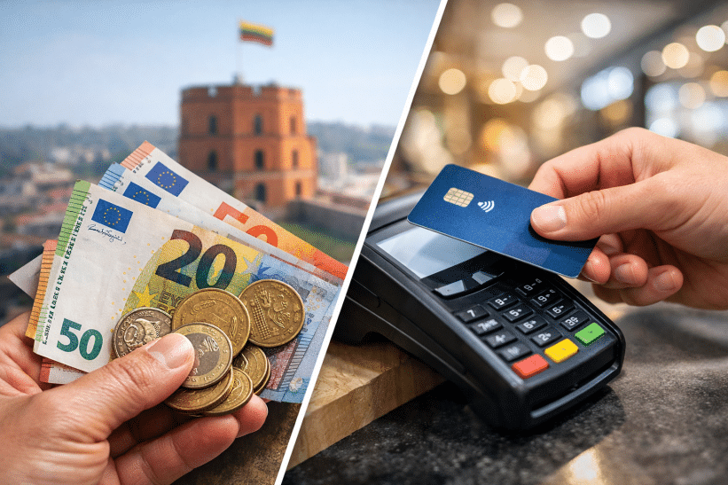 Grynieji pinigai ir kortelės. DI sugeneruota nuotr.