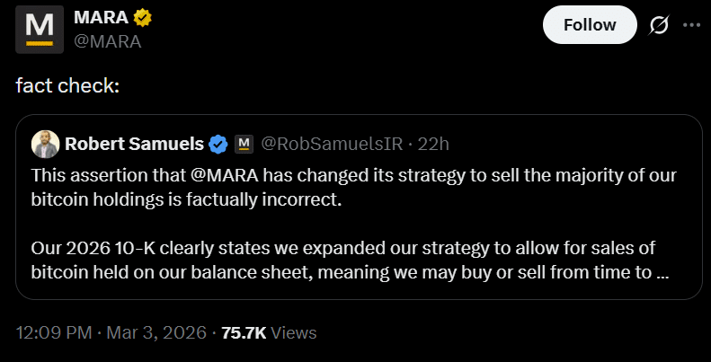 „MARA Holdings“ paaiškinimas dėl bitkoinų rezervų strategijos