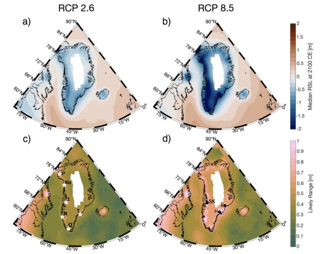 Diagramos, rodančios jūros lygio mažėjimą Grenlandijoje esant mažų ir didelių emisijų scenarijams iki 2100 metų.