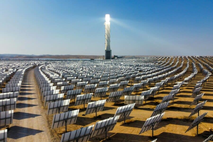 Vast array of solar panels at Ashalim Solar Plant in Israel's Negev Desert, showcasing clean energy.