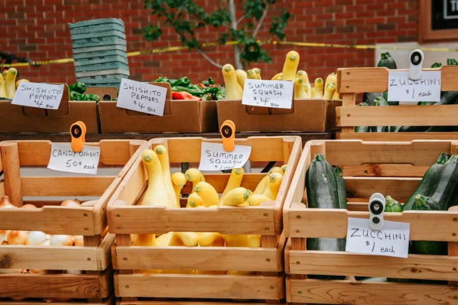 Vegetable crates apples farmers market