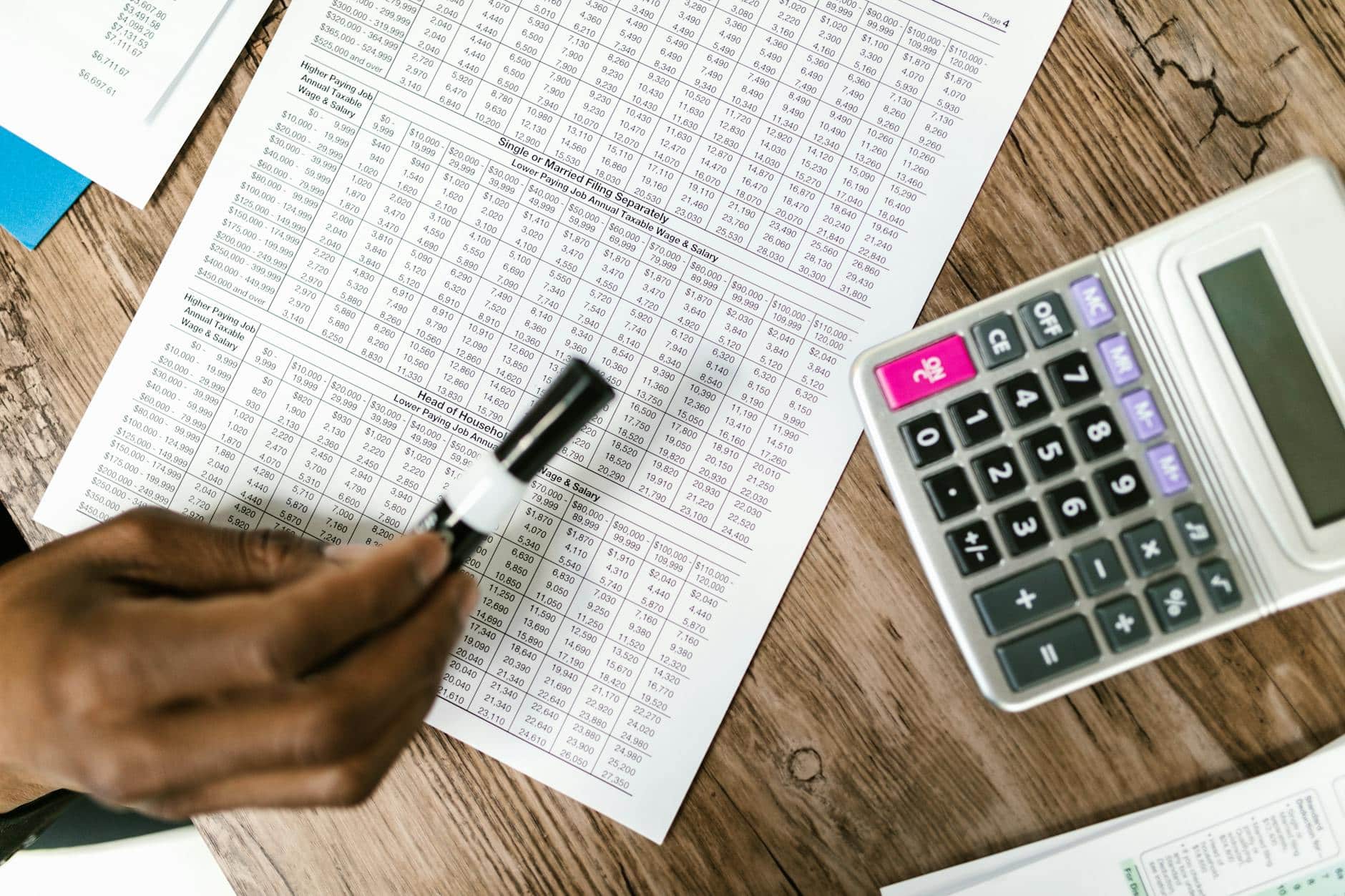 Tax documents calculator wooden table